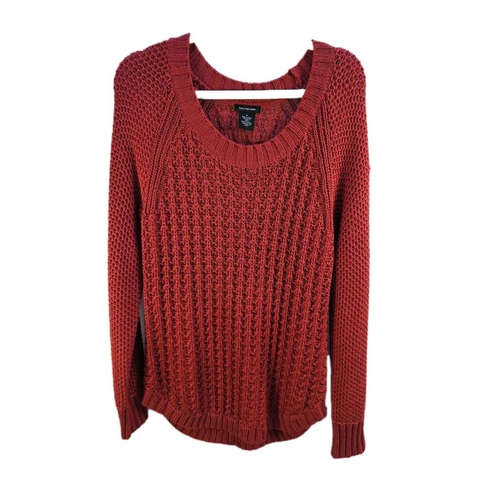 Calvin Klein Jeans Women's Medium Crew Neck Sweater Persian Red Crochet Knit